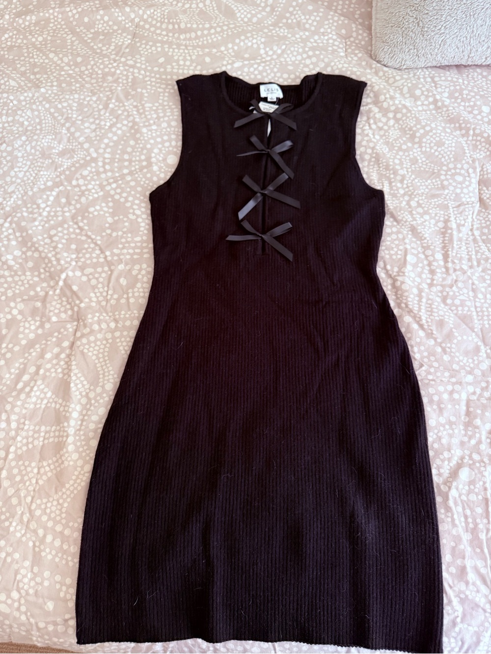 Le Lis Black Sleeveless Knit Mini Dress with Front Bow Details